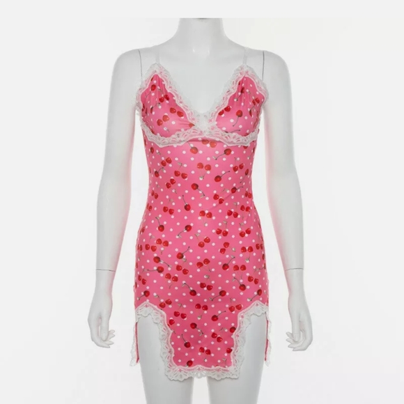 🍒 Pink Cherry & White Polka Dot Dress W/Lace (L) - Picture 2 of 10